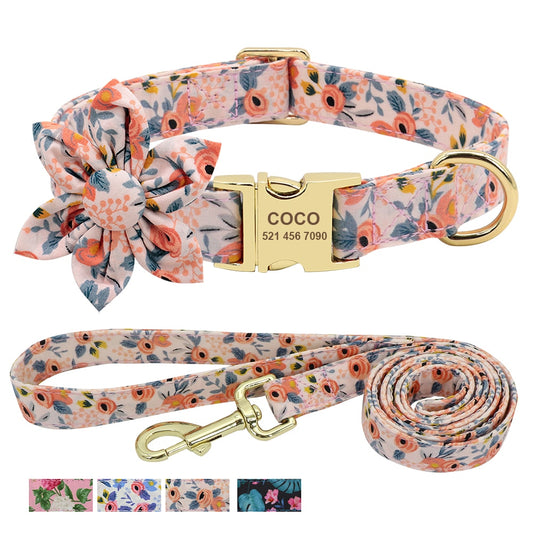 Custom Engraved Floral Dog Collar With Leash
